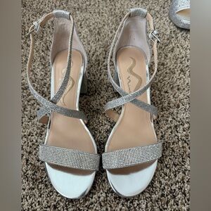 Nina Silver Rhinestone Ankle Strap Block Heel Sandals